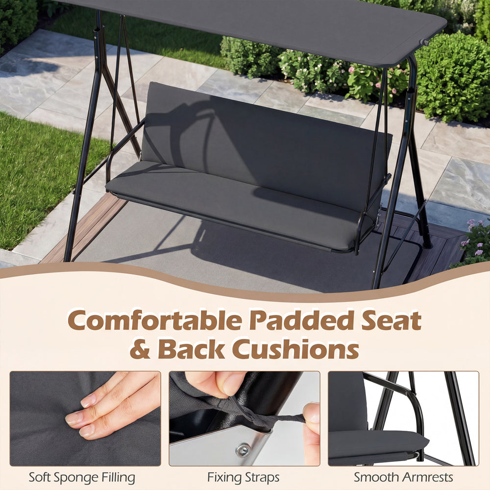 3-seat patio swing chair with gray removable cushions, adjustable canopy, and comfortable padded seat for outdoor.