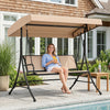 3-seat patio swing chair with adjustable canopy in black, perfect for outdoor relaxation by the pool.