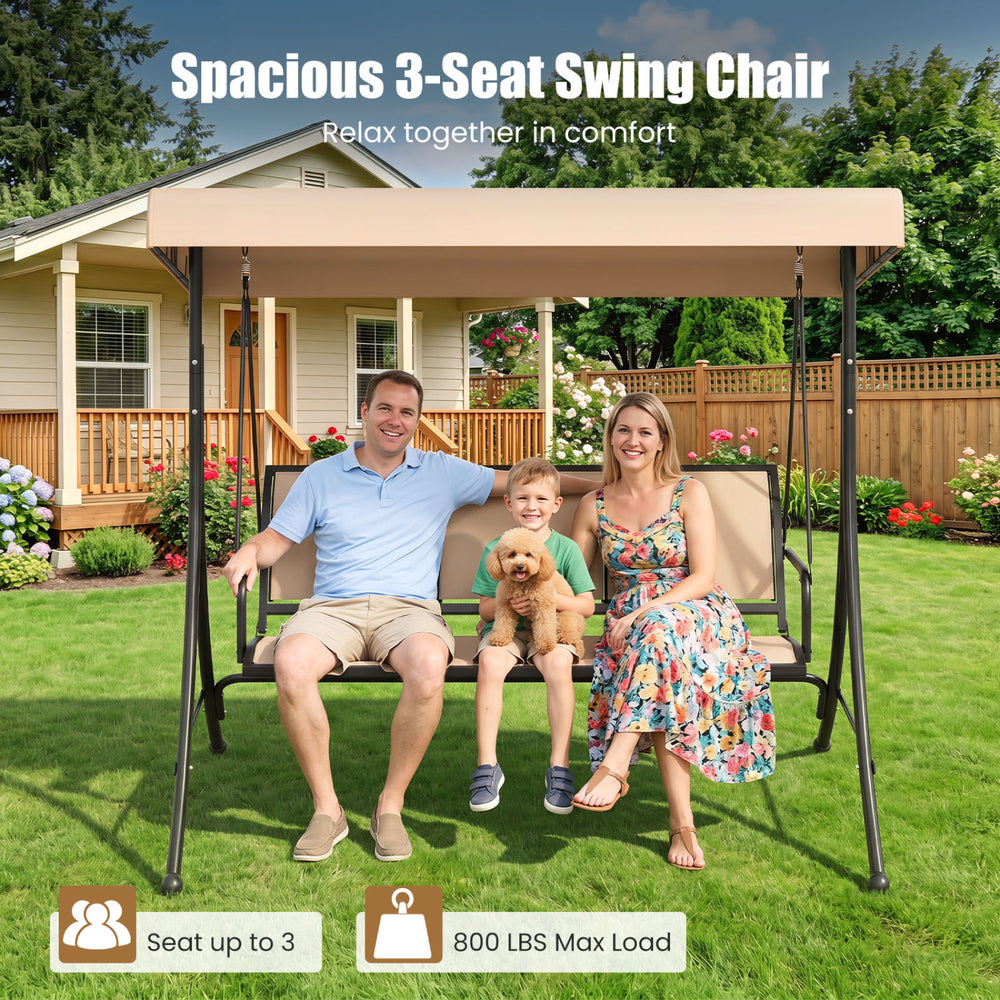 Spacious 3-seat patio swing chair with adjustable canopy, featuring a durable metal frame for outdoor relaxation.
