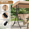 3-seat patio swing chair with adjustable canopy, black powder-coated metal frame, and anti-slip foot pads for outdoor.