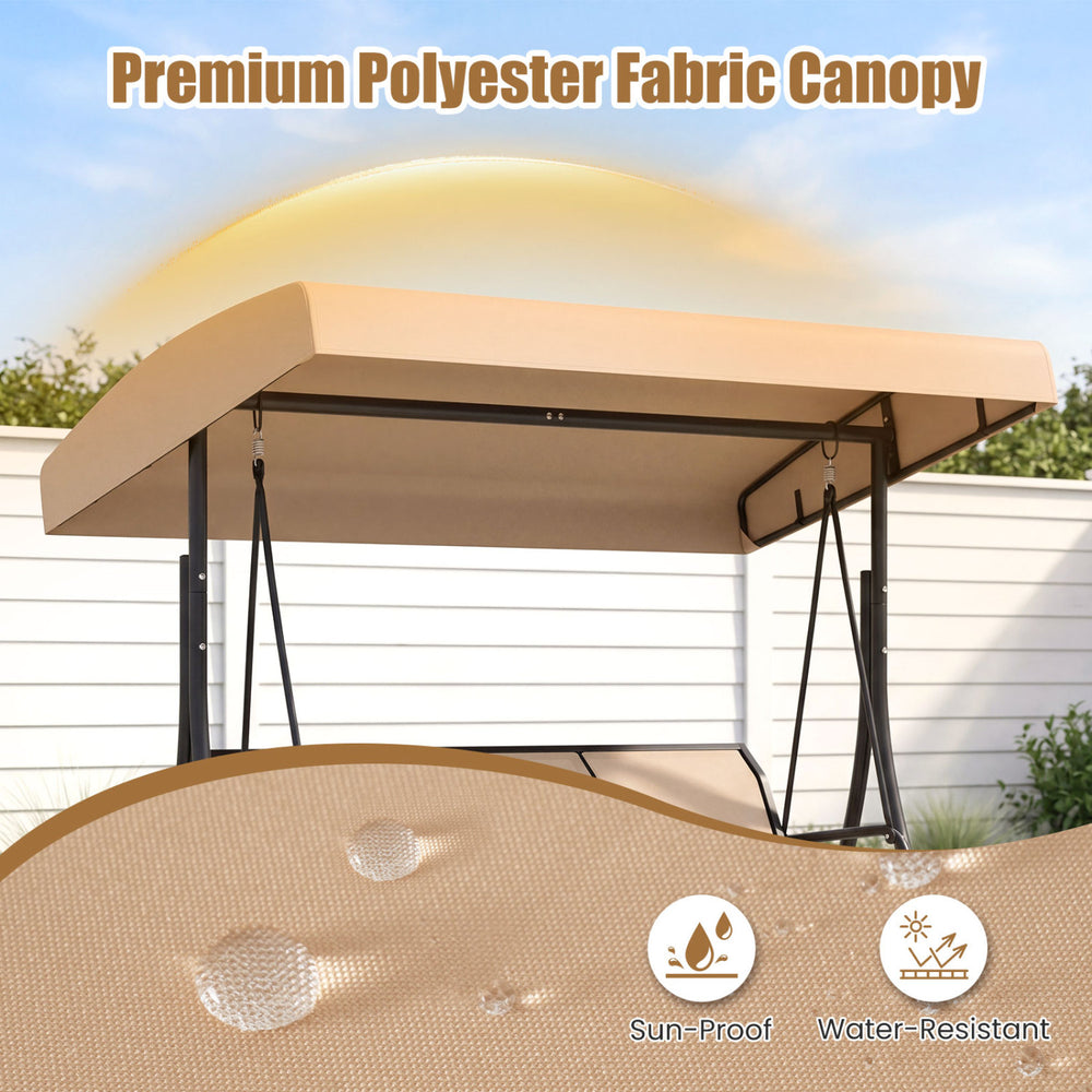 3-seat patio swing chair with adjustable sun-proof and waterproof polyester canopy for outdoor relaxation.