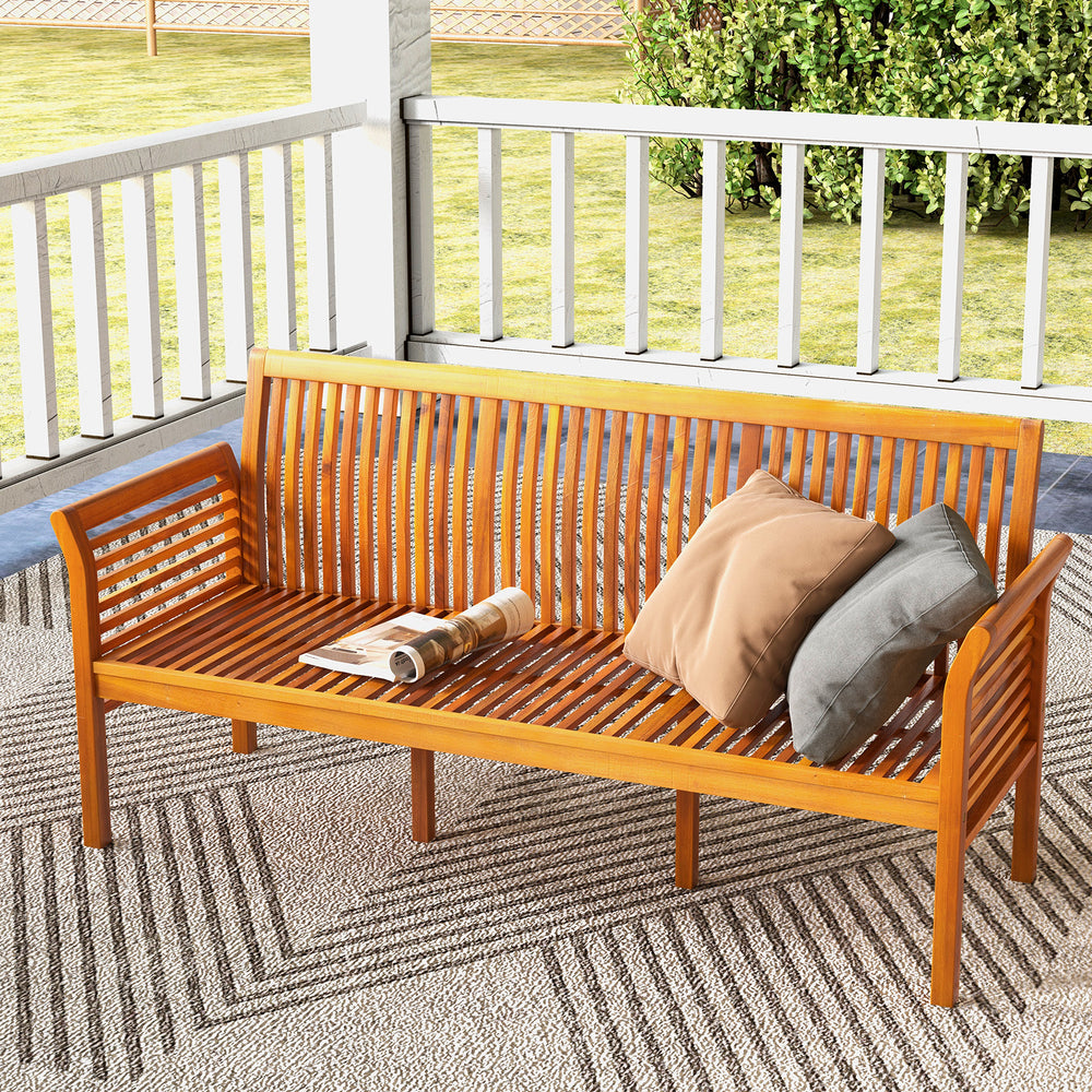 Patio 3-seat wood bench made of acacia wood with soft cushions, perfect for garden or backyard relaxation.