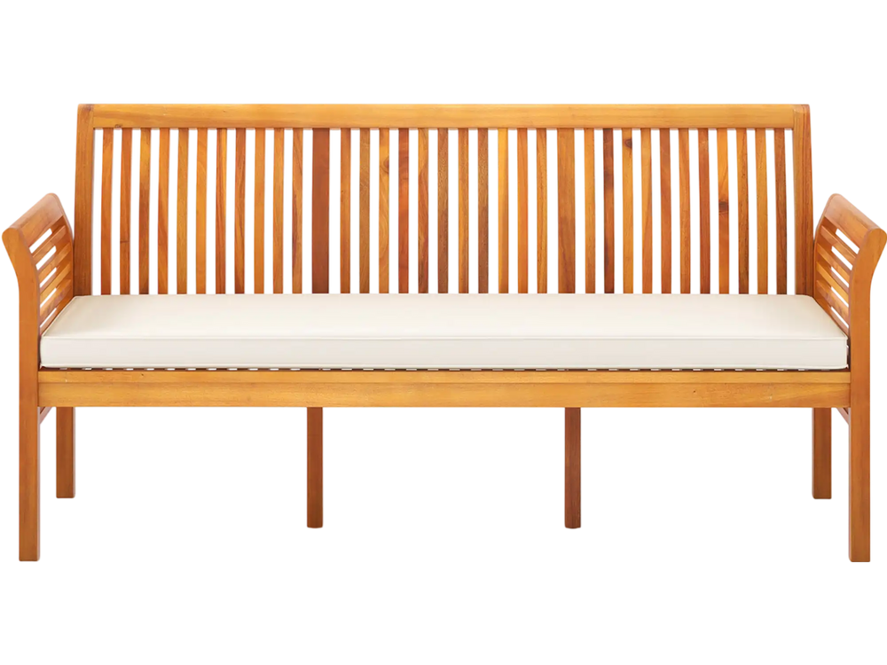 Patio 3-seat wood bench in acacia with white soft seat cushions, ergonomic backrest, ideal for garden or backyard use.