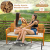 Patio 3-seat wood bench with soft seat cushions, made of acacia wood, ideal for garden or backyard relaxation.