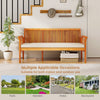 Patio 3-seat wood bench with soft white cushions, made of acacia wood, ideal for garden or backyard use.