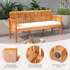 Patio 3-seat wood bench in acacia wood with soft white cushions, ideal for garden or backyard relaxation.