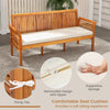 Patio 3-seat wood bench with soft white cushion, ergonomic backrest, and acacia wood for garden or backyard use.