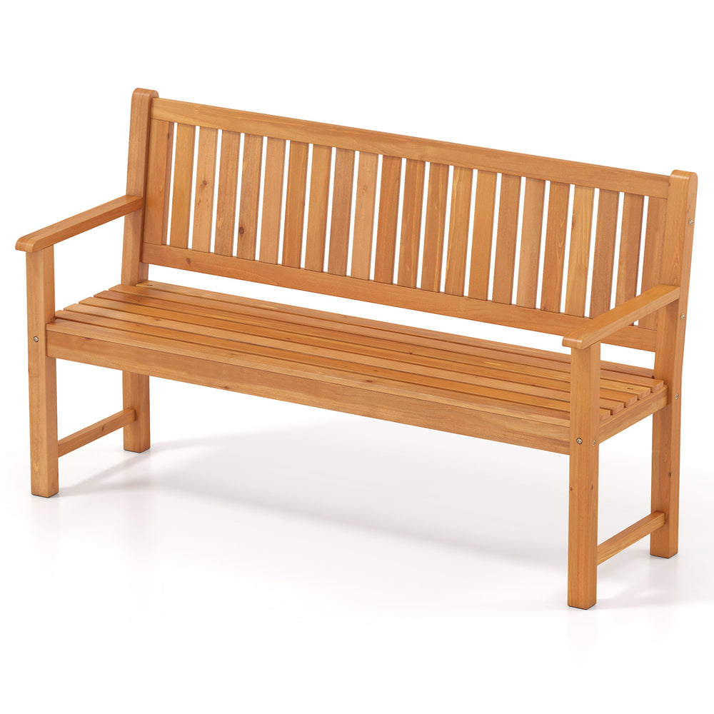 3-seater outdoor wooden bench made of solid fir wood, featuring a slatted design and a slightly tilting backrest for comfort.