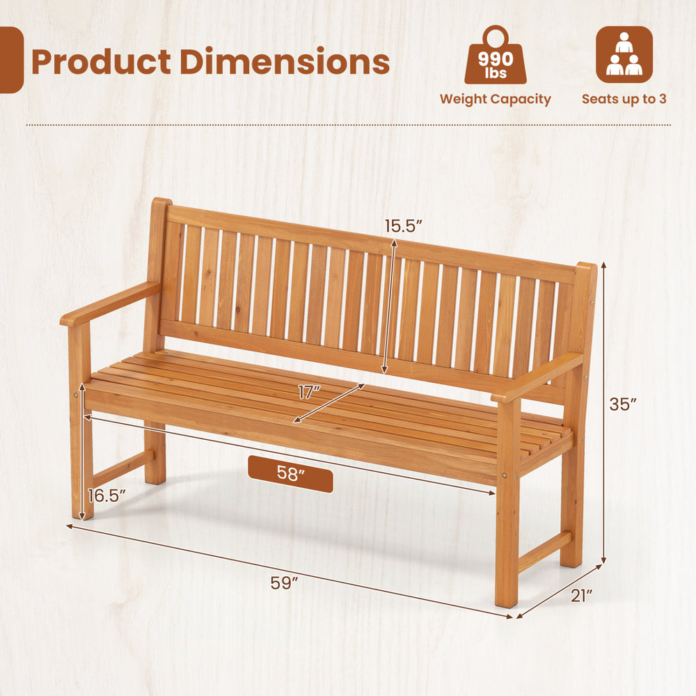 3-seater outdoor wooden bench with backrest, solid fir wood, 59 inches long, perfect for garden relaxation.