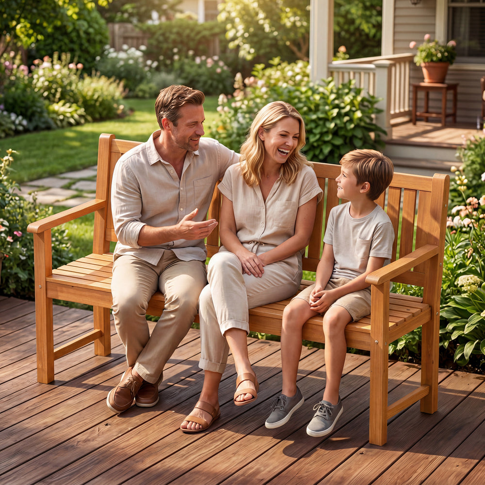 3-seater outdoor wooden bench with backrest, made of solid fir wood, perfect for relaxing moments in your garden.