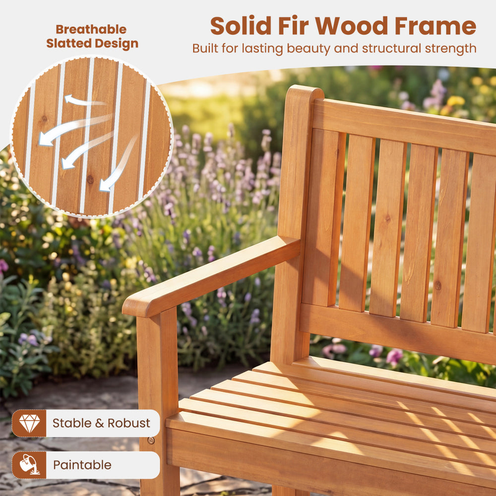 3-seater outdoor wooden bench with a solid fir wood frame, breathable slatted design, and wide armrests for comfort.