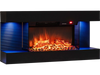 Three-sided black wall mount electric WiFi fireplace with floating mantel, featuring customizable flame colors and heating options.