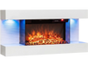 3-sided white wall mount electric fireplace with floating mantel, featuring 12 flame colors and WiFi connectivity for ambiance.
