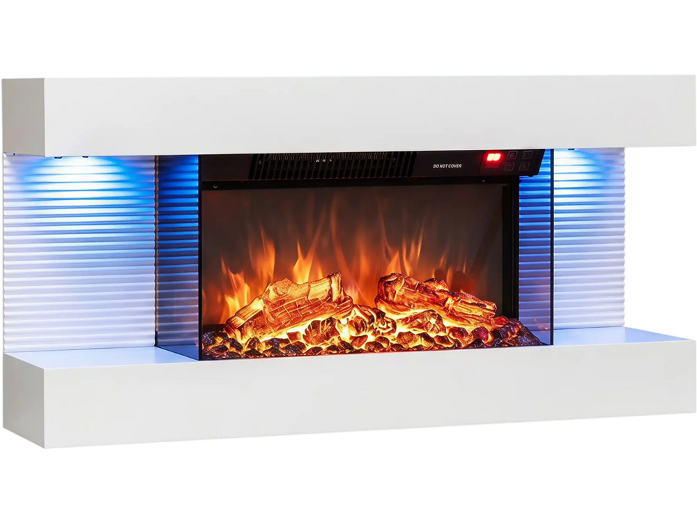 3-sided white wall mount electric fireplace with floating mantel, featuring 12 flame colors and WiFi connectivity for ambiance.