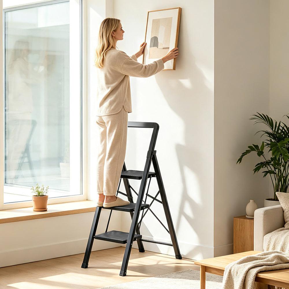 3 Step Black Folding Step Stool with Wide Anti-slip Pedals - Gallery View 1 of 9