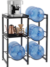 3-tier black water jug holder with shelves for four 5-gallon bottles, ideal for kitchen or office storage solutions.