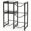 3-tier black water jug holder made of carbon steel with 4 slots for 5-gallon bottles and 2 shelves for storage.