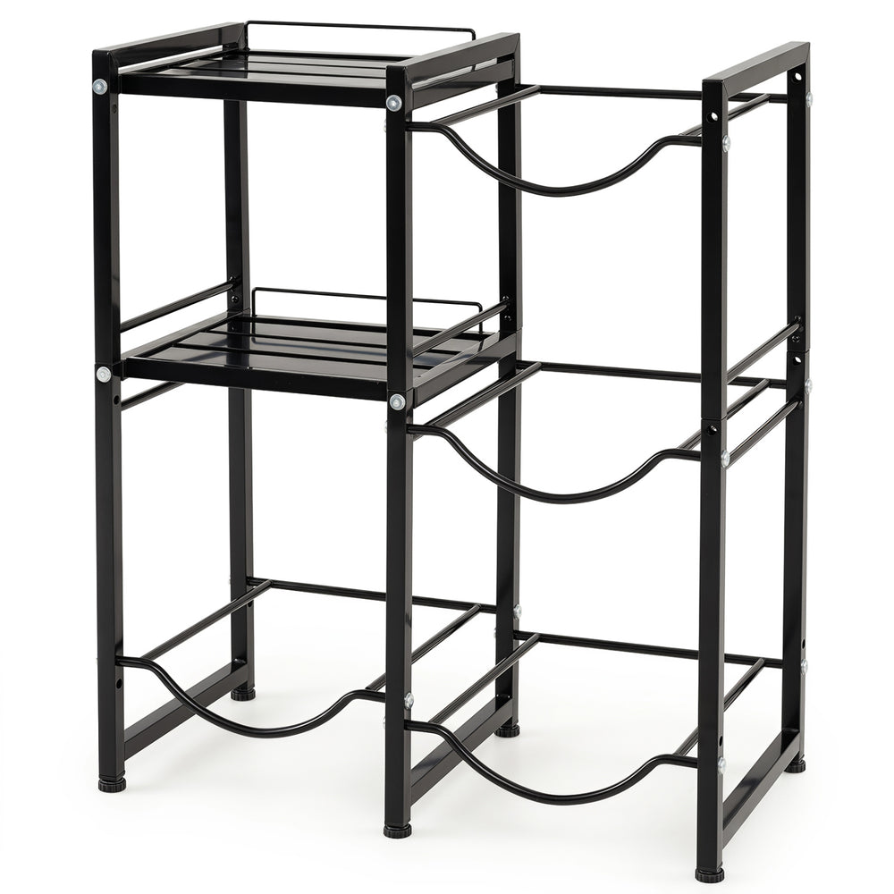 3-tier black water jug holder made of carbon steel with 4 slots for 5-gallon bottles and 2 shelves for storage.