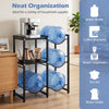 3-tier black water jug holder with shelves for 5-gallon bottles, ideal for kitchen or office organization.