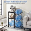 3-tier black water jug holder with carbon steel construction, featuring 4 slots for 5-gallon bottles and 2 shelves for storage.