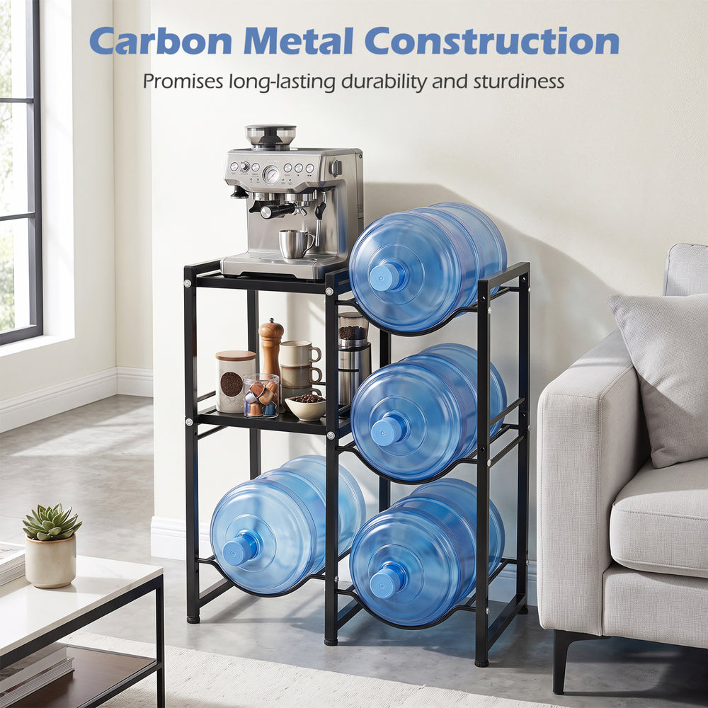 3-tier black water jug holder with carbon steel construction, featuring 4 slots for 5-gallon bottles and 2 shelves for storage.