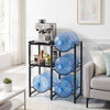 3-tier black water jug holder with 4 slots for 5-gallon bottles and 2 shelves for kitchen or office organization.