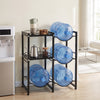 3-tier black water jug holder with shelves, featuring slots for 5-gallon bottles and sturdy carbon steel construction.