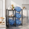3-tier black water jug holder with 4 slots for 5-gallon bottles and 2 shelves for kitchen appliances and storage.