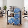 3-tier black water jug holder with four slots for 5-gallon bottles and two shelves for appliances, ideal for office use.