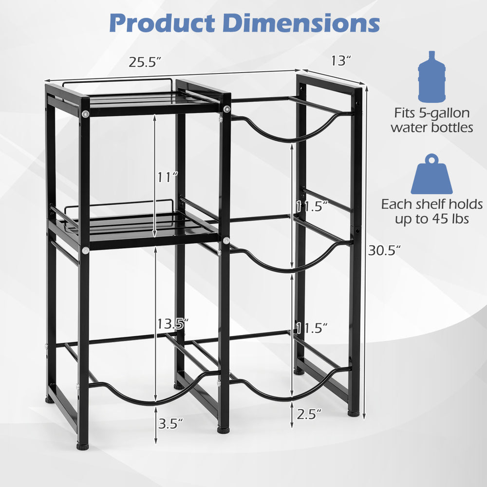 3-tier black water jug holder with shelves, made of carbon steel, fits 5-gallon bottles and offers space-saving storage.