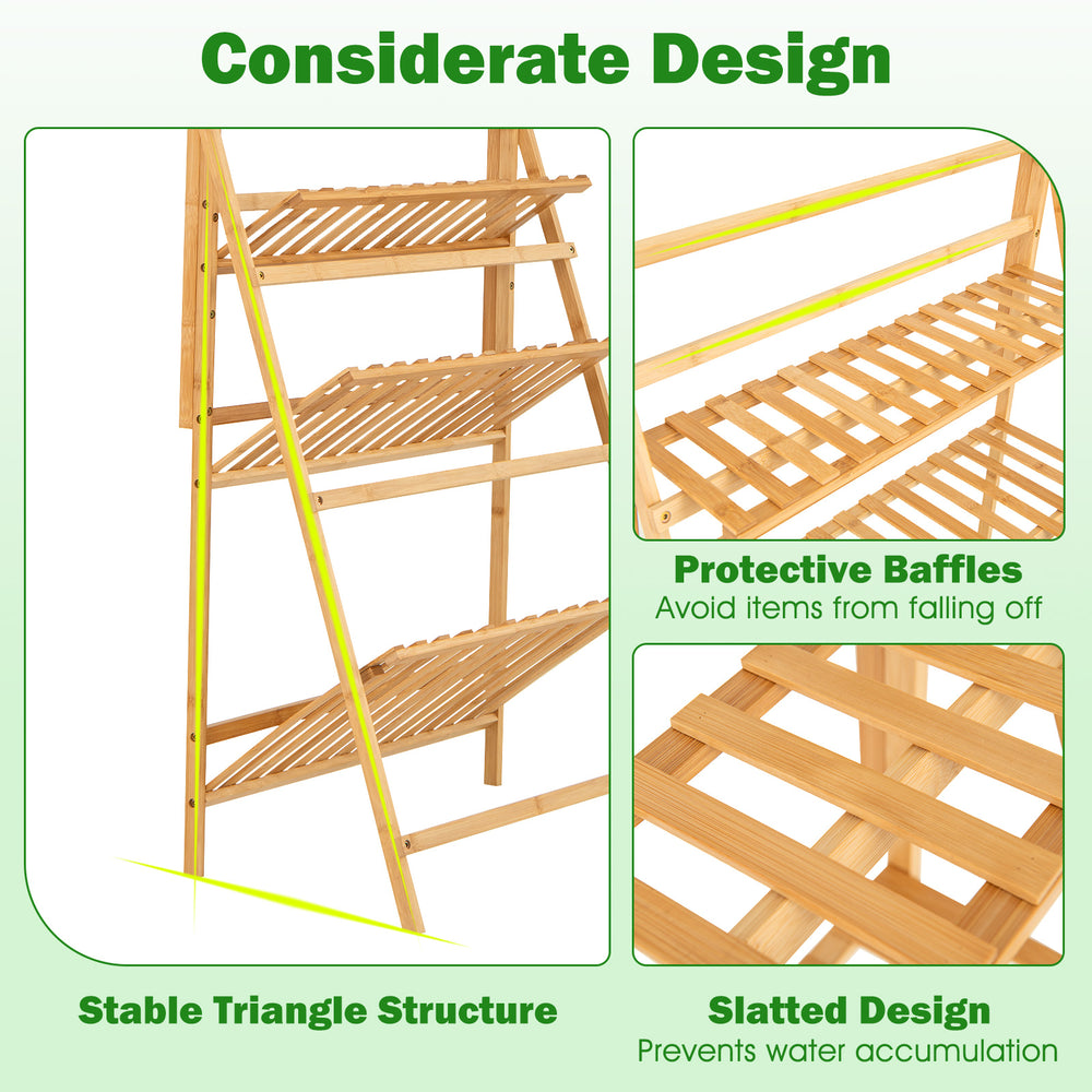 3-tier bamboo plant stand with adjustable hanger rod and slatted design, perfect for displaying plants in tight corners.