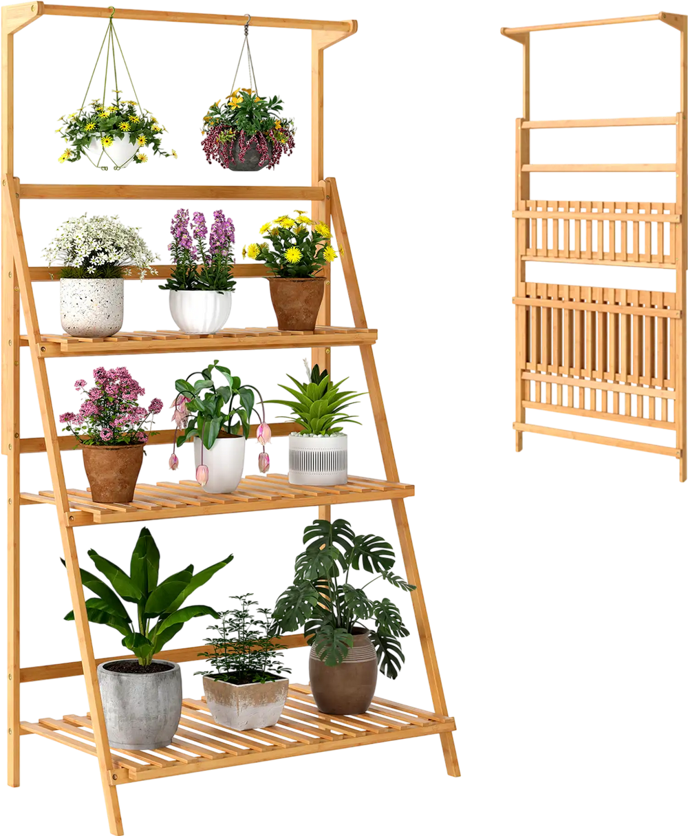 3-tier bamboo plant stand with adjustable hanger rod, perfect for displaying plants and flowers in tight spaces.
