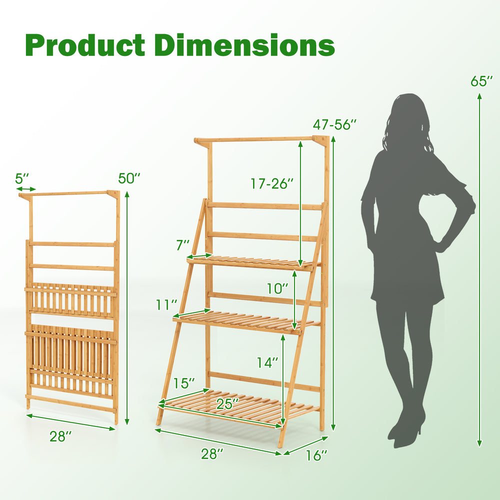 3-tier bamboo plant stand with adjustable hanger rod, featuring a stable design and slatted shelves for optimal.