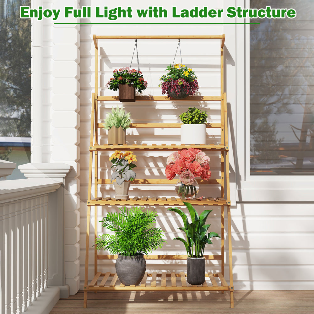 3-tier bamboo plant stand with adjustable hanger rod, perfect for displaying plants and maximizing light exposure.