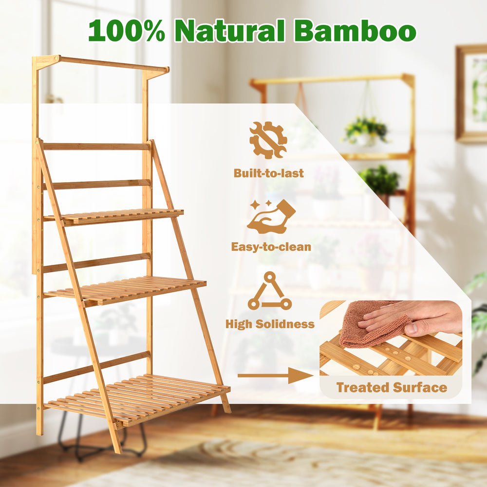 3-tier bamboo plant stand with adjustable hanger rod, built-to-last design, perfect for displaying plants in any corner.