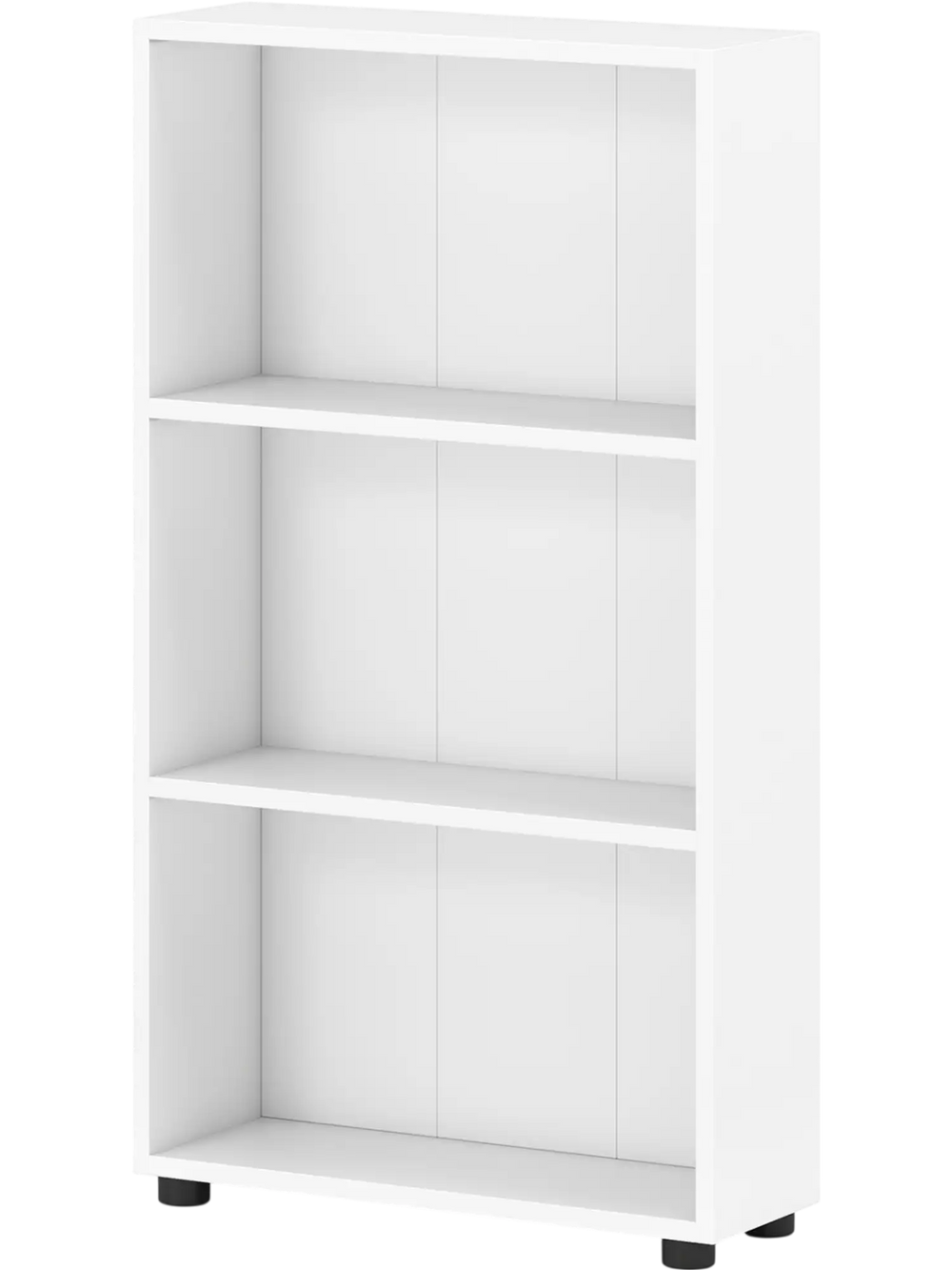 Three-tier white bookcase with anti-tipping kit and sturdy feet, ideal for living room or bedroom storage.