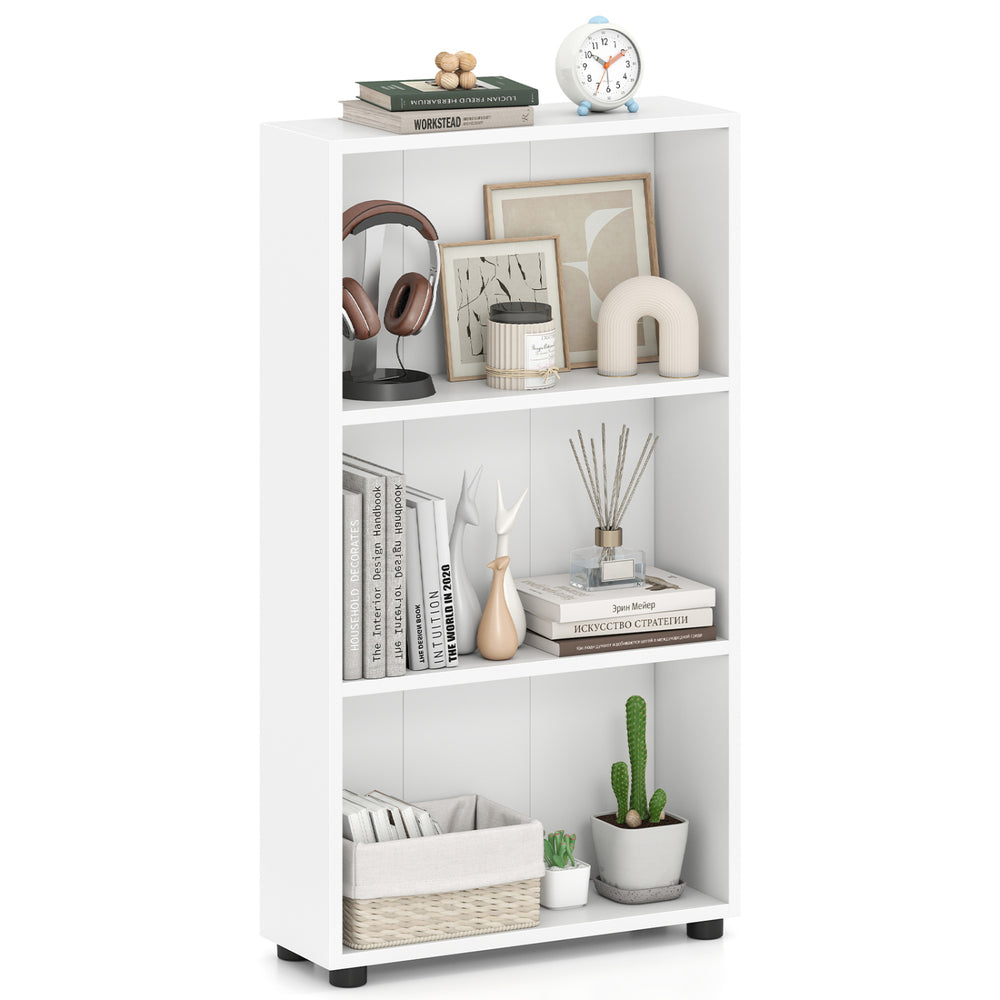 3-tier white bookcase with anti-tipping kit, featuring decorative items and books, ideal for living room or study.