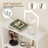 3-tier white bookcase with anti-tipping kit, designed for stability and easy maintenance, perfect for any room.