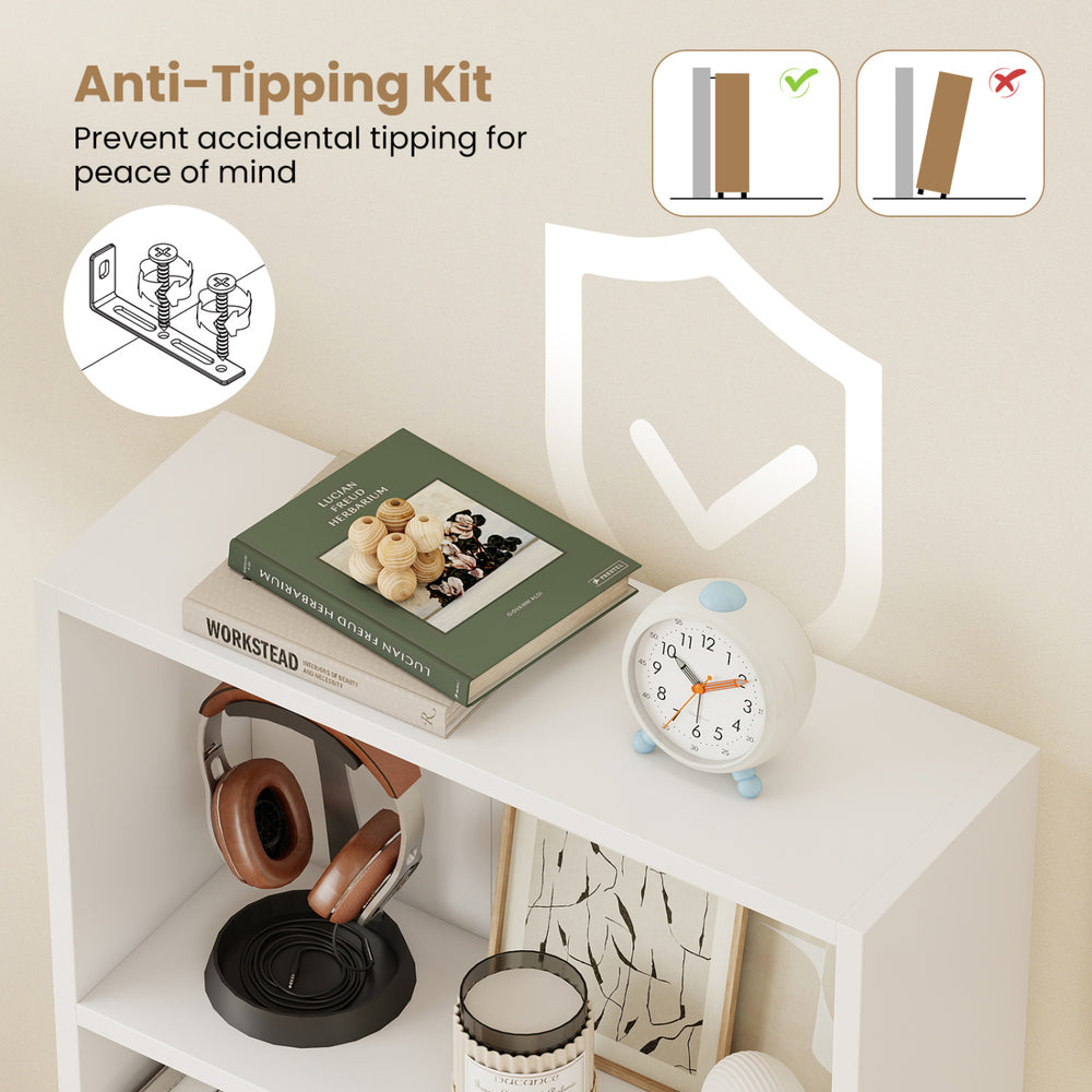 3-tier white bookcase with anti-tipping kit, designed for stability and easy maintenance, perfect for any room.