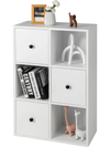 3-tier white bookcase featuring drawers, anti-toppling device, and smooth metal sliders for versatile storage solutions.