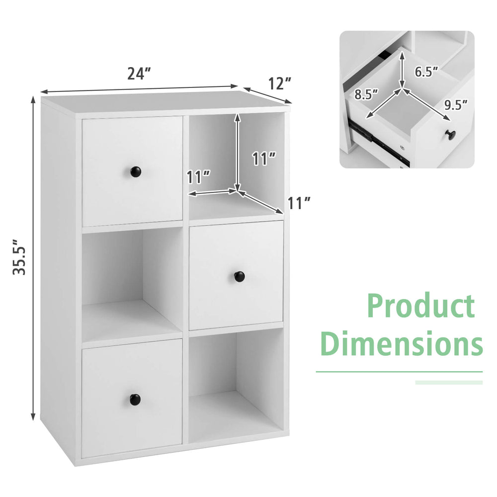 3-tier white bookcase with 6 drawers, featuring anti-toppling device and smooth metal sliders for easy access.