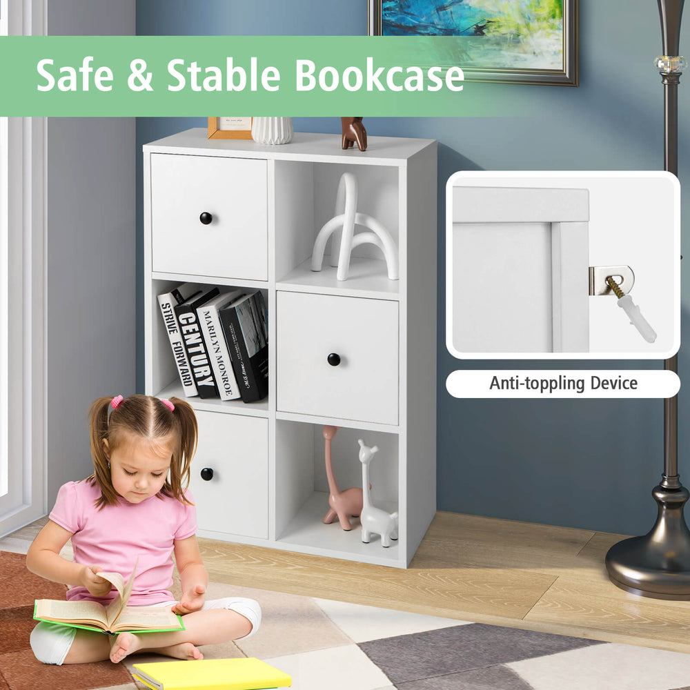 3-tier white bookcase with anti-toppling device, featuring smooth metal sliders and non-slip foot pads for safety.