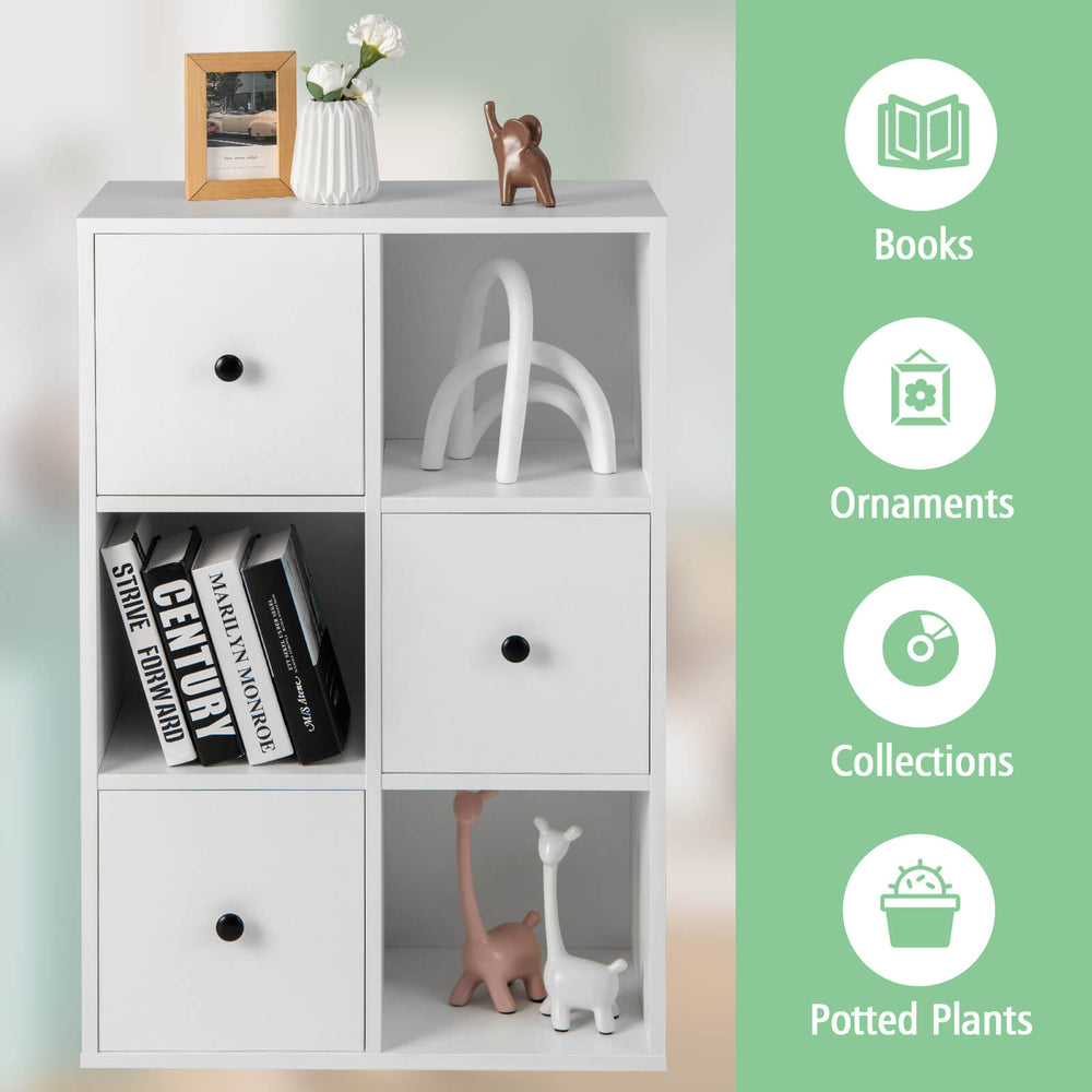 3-tier white bookcase featuring smooth metal sliders and anti-toppling device, ideal for living room storage and decor.