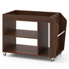 3-tier side end table in walnut finish with universal wheels, featuring open compartments for organized storage.