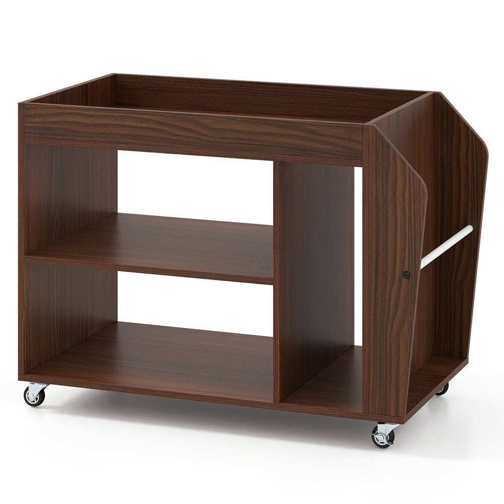 3-tier side end table in walnut finish with universal wheels, featuring open compartments for organized storage.