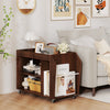 3-tier walnut side end table on wheels with open compartments, ideal for storage and easy mobility in any room.