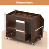 3-Tier side end table in walnut finish with dimensions, featuring open compartments and universal wheels for easy.