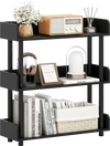 Black 3-tier bookshelf with anti-tipping kit, ideal for living room storage of books and decorative items.
