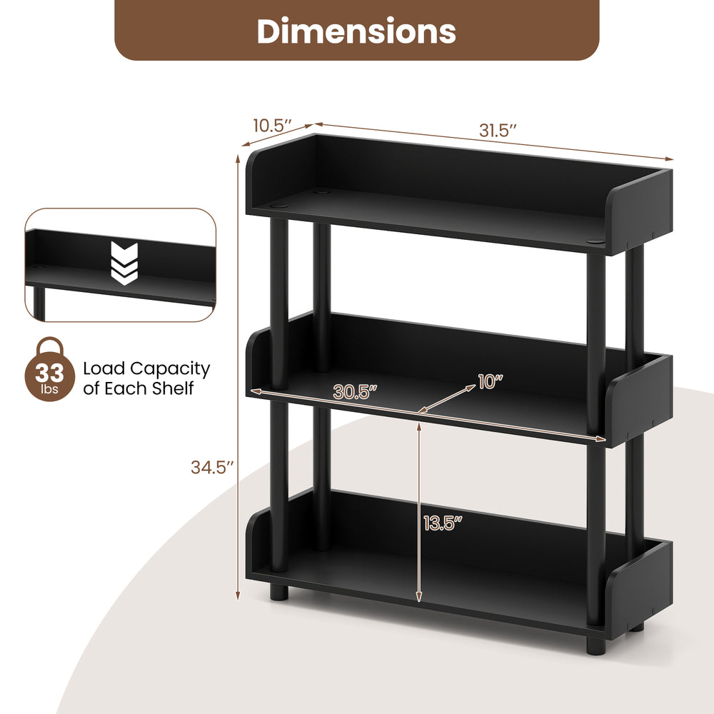 3-tier black bookshelf with anti-tipping kit, dimensions shown, ideal for living room storage and organization.