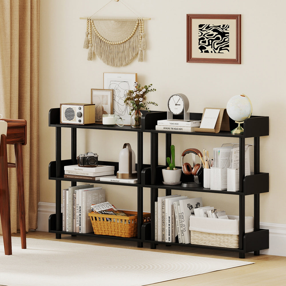 Black 3-tier bookshelf with anti-tipping kit, ideal for living rooms, featuring strong support and elevated legs.
